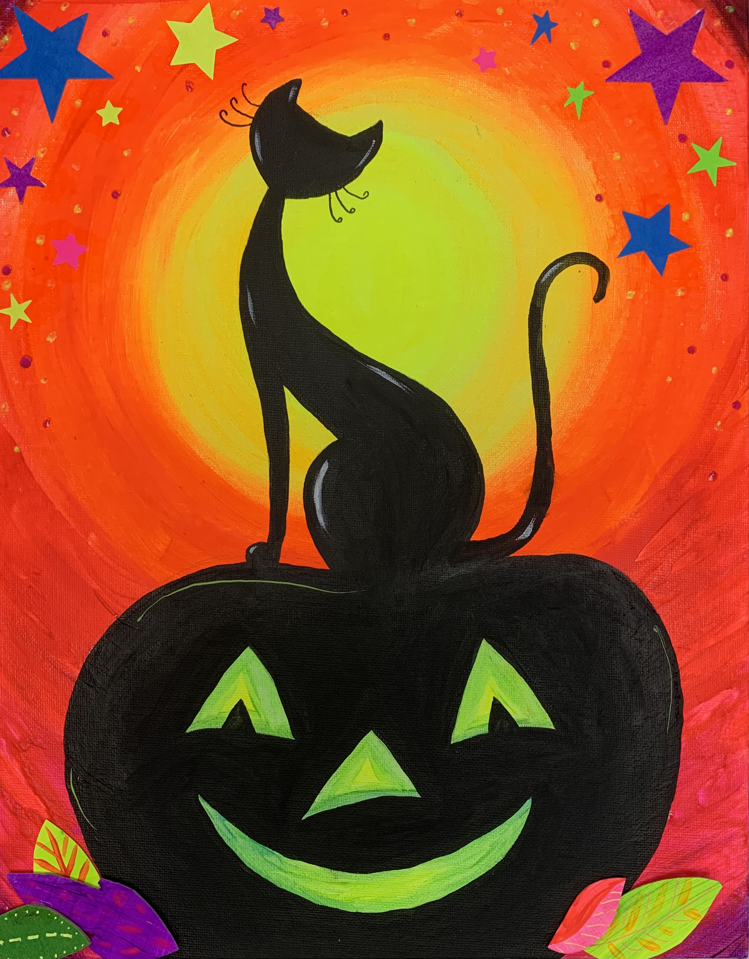 11 x 14 Neon Cat on Pumpkin silhouette